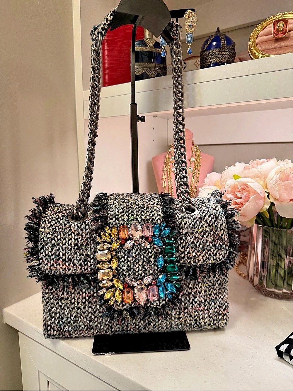 Kurt Geiger NWOT Tweed Embellished Gems Crossbody Shoulder Bag Black Multicolor